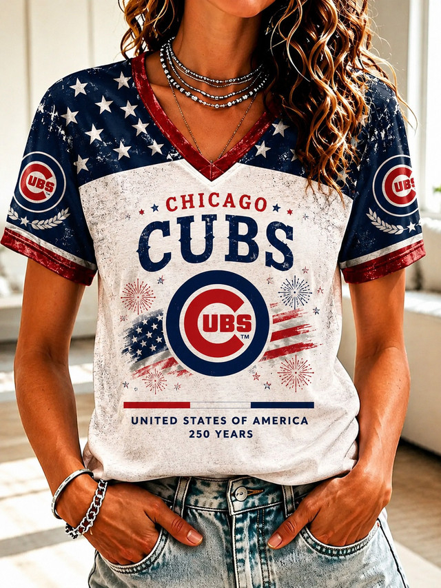 Star Stripe Raglan Sleeve Chicago Sports Team 250th Anniversary Ladies Holiday T-Shirt