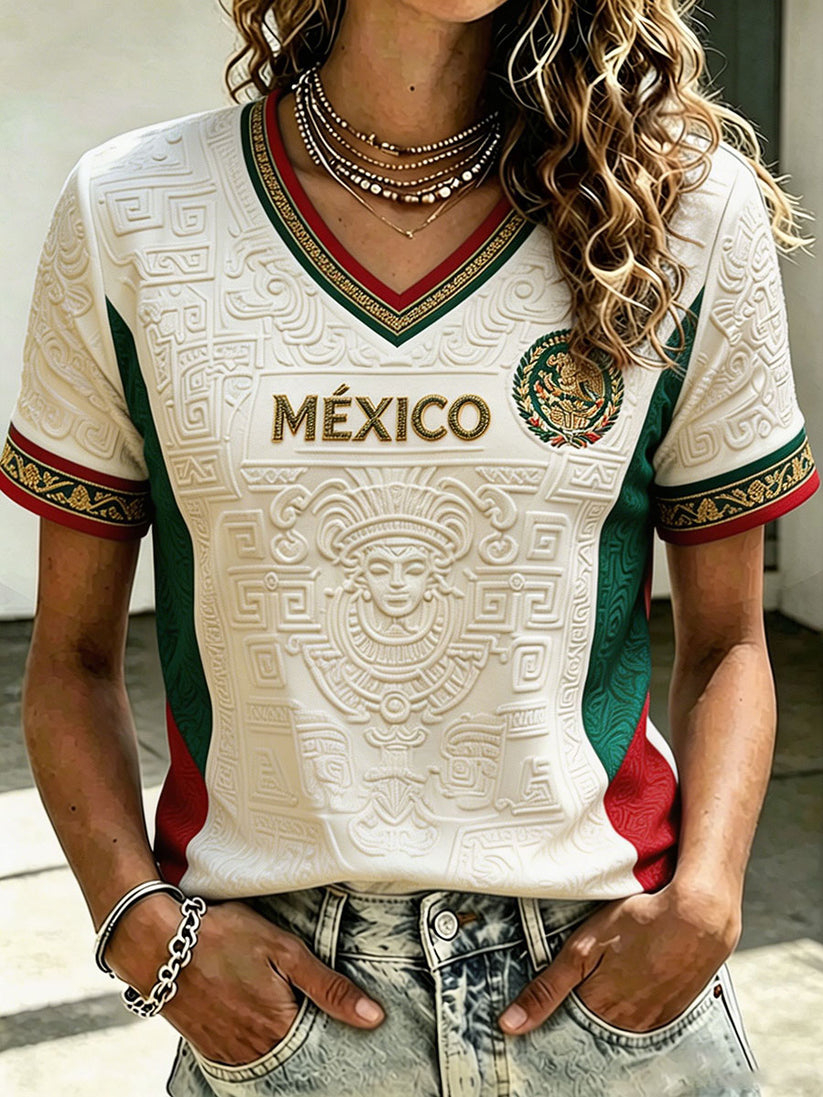 Mexico Flag Color Block Golden Letter Embossed Ladies Breathable Sports Short Sleeve Top