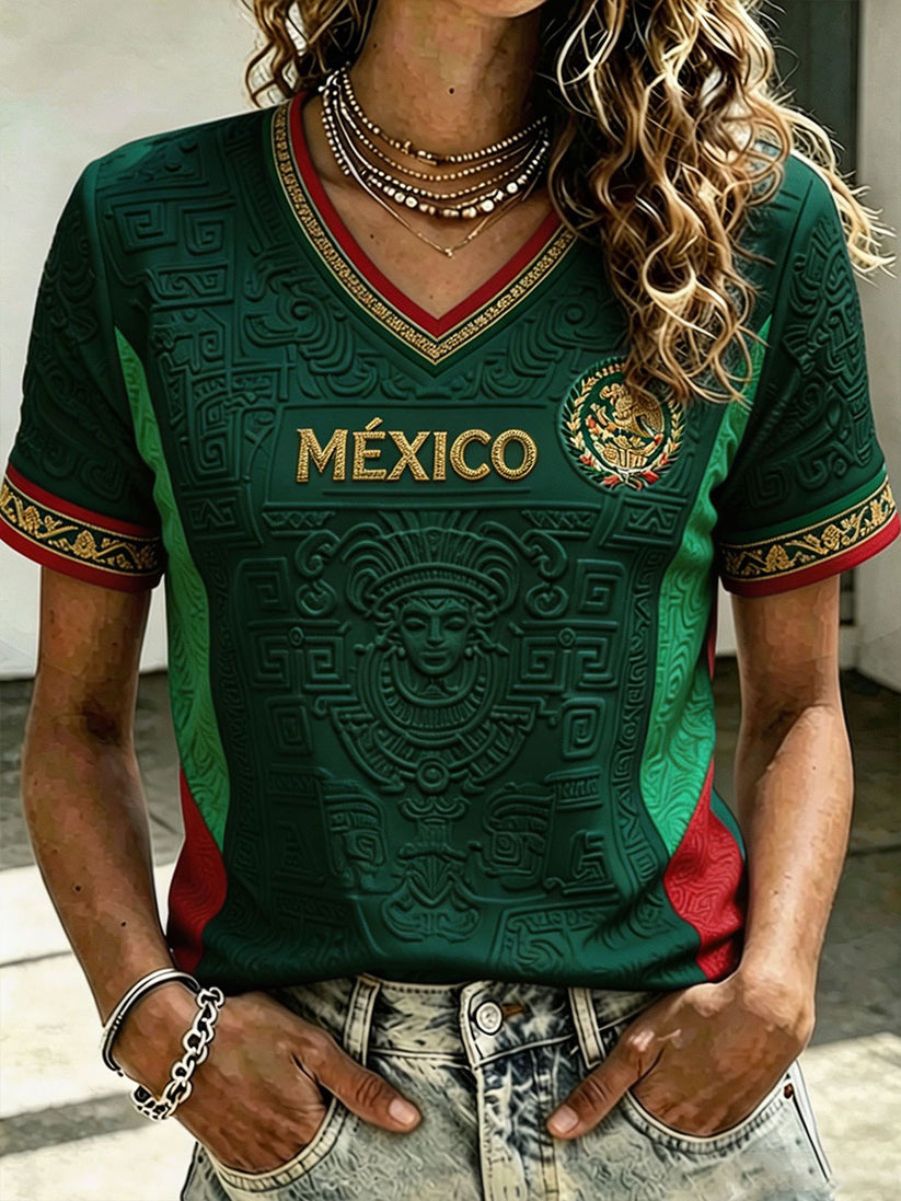 Mexico Flag Color Block Golden Letter Embossed Ladies Breathable Sports Short Sleeve Top