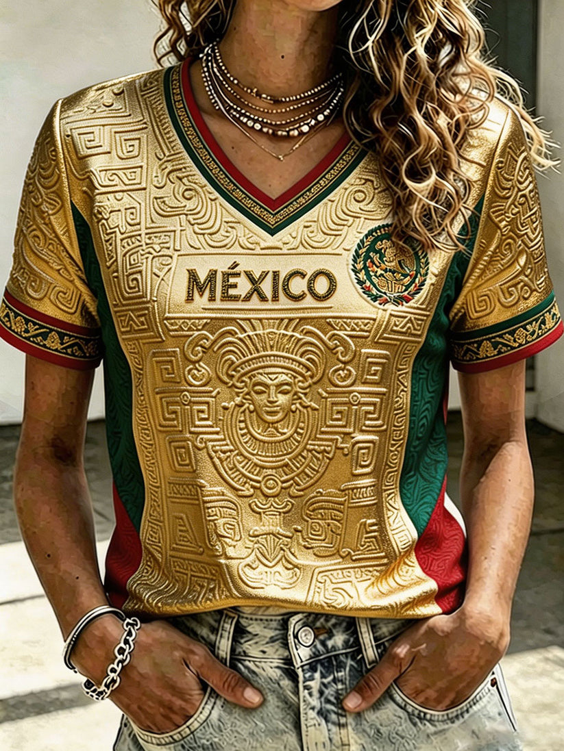 Mexico Flag Color Block Golden Letter Embossed Ladies Breathable Sports Short Sleeve Top