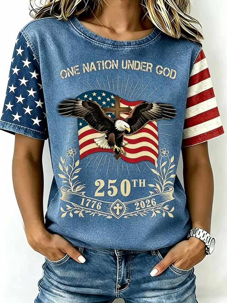 Women Eagle Cross One Nation Under God USA Flag Spliced Sleeve Vintage Washed T-Shirt