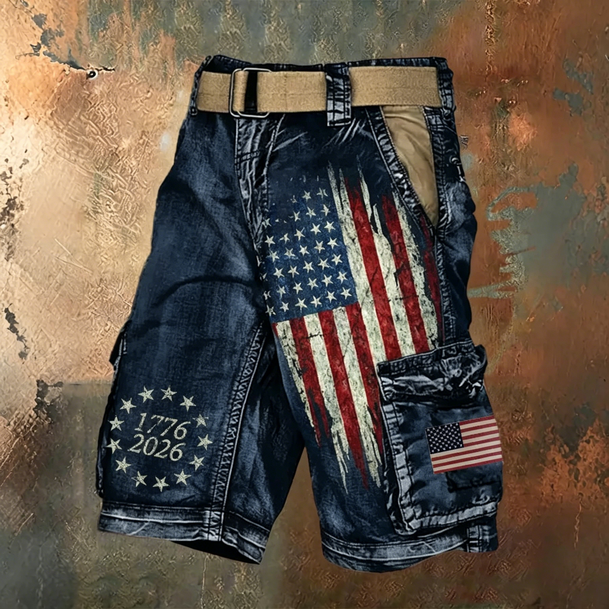 Vintage American Flag Print Cargo Shorts, Patriotic 1776-2026 Distressed Casual Shorts