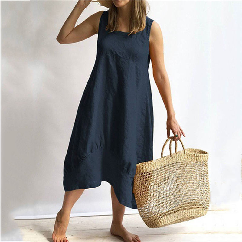 (S-5XL) Women's sleeveless dresses made of solid cotton and linen