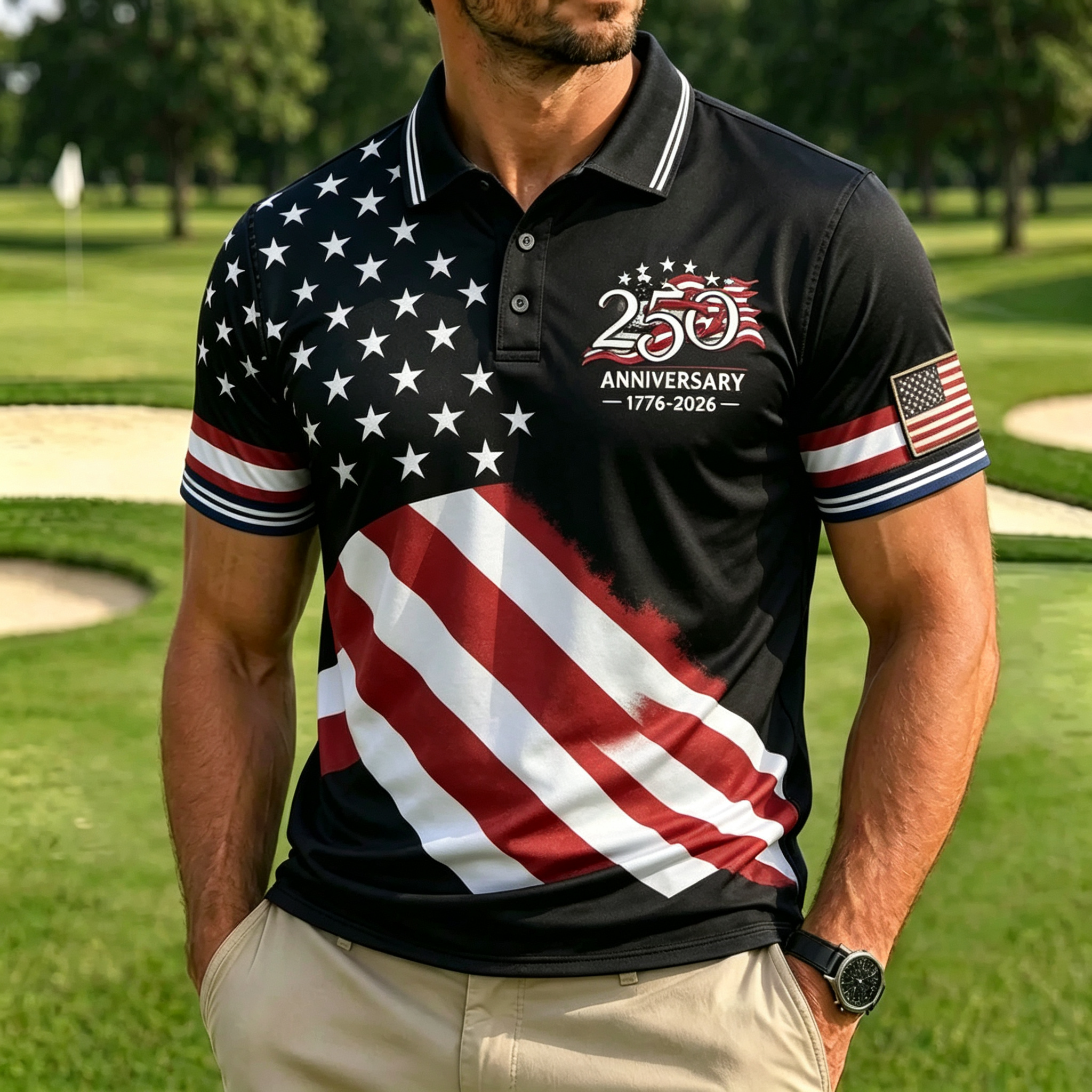 Anniversary Vintage Flag Golf Performance Polo Shirt