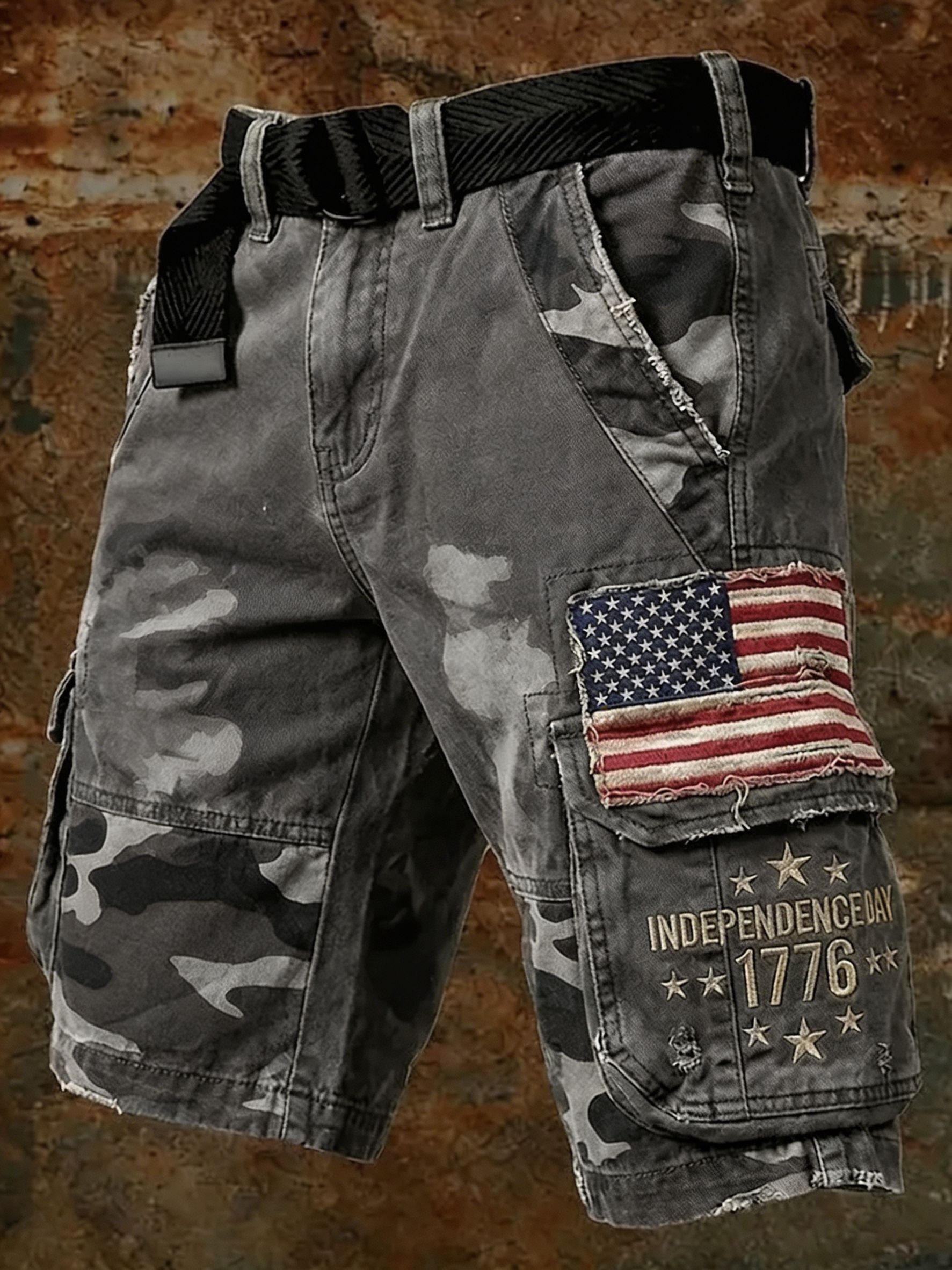 Camouflage Cargo Shorts with American Flag Patch and 1776 Independence Print
