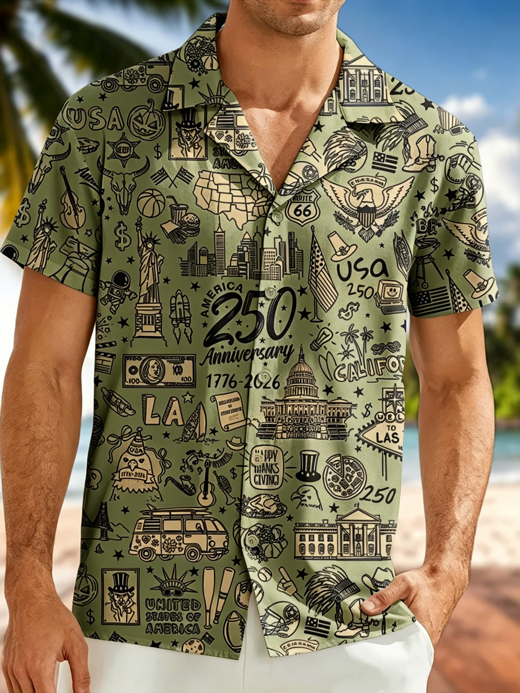 USA Themed Doodle Print Camp Collar Shirt, Patriotic Landmark Short Sleeve Aloha Shirt