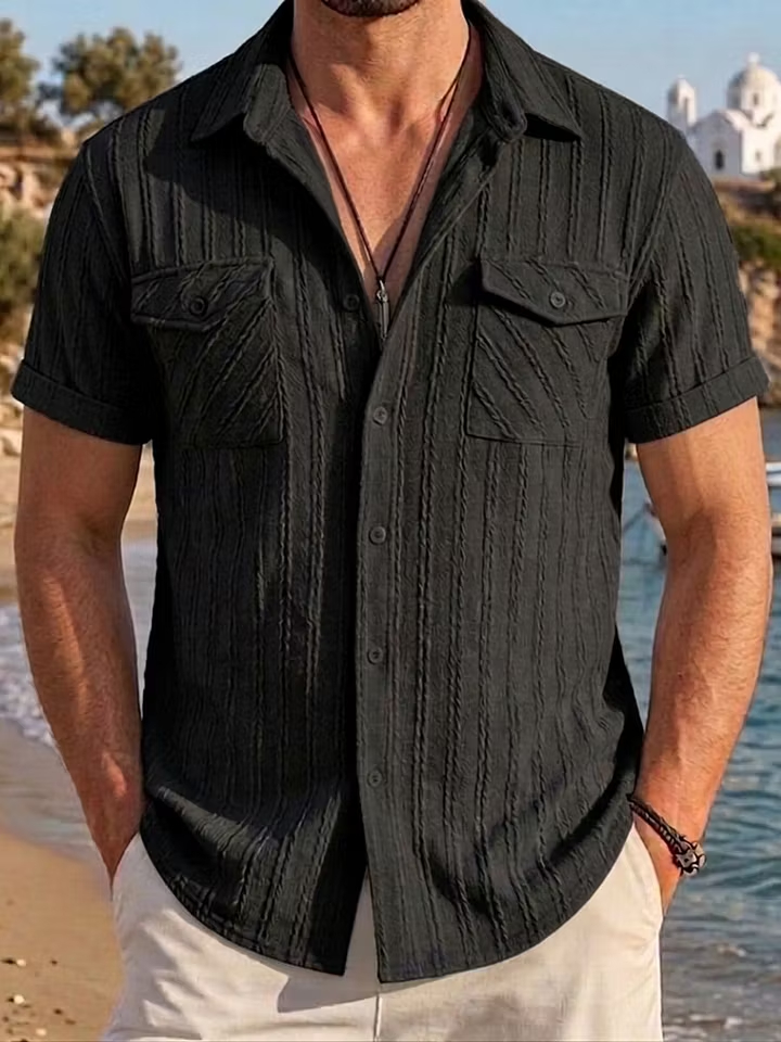 Men Textured Short Sleeve Button Down Shirt with Double Chest Pockets