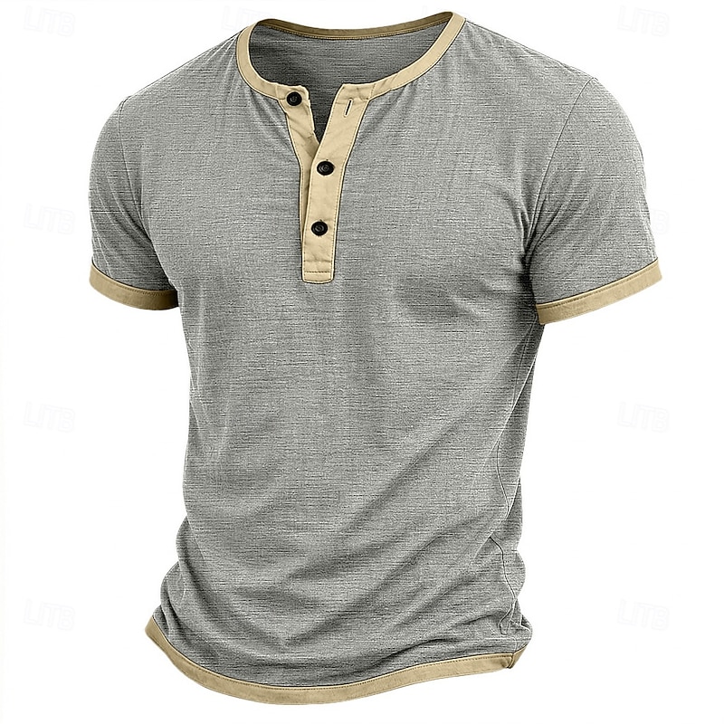 Men's Color Block Henley Tee - Designer Patchwork Casual