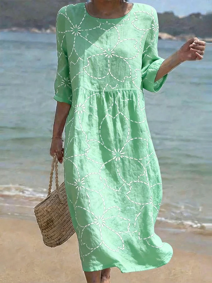 Round Neck Relaxed Fit Flowy Floral Midi Dress Ladies Holiday Daily Swing Dress