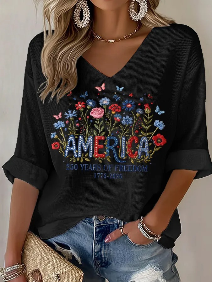 Women's "America 250 Years of Freedom" Floral Embroidered V-Neck T-Shirt