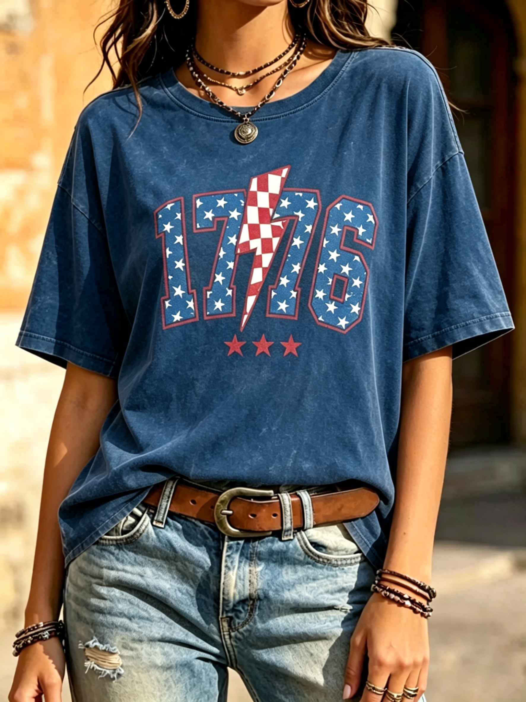 Retro Washed Denim Blue 1776 Star Lightning Bolt Patriotic Print Crew Neck Loose Fit Women Oversized Casual Independence Day Tee