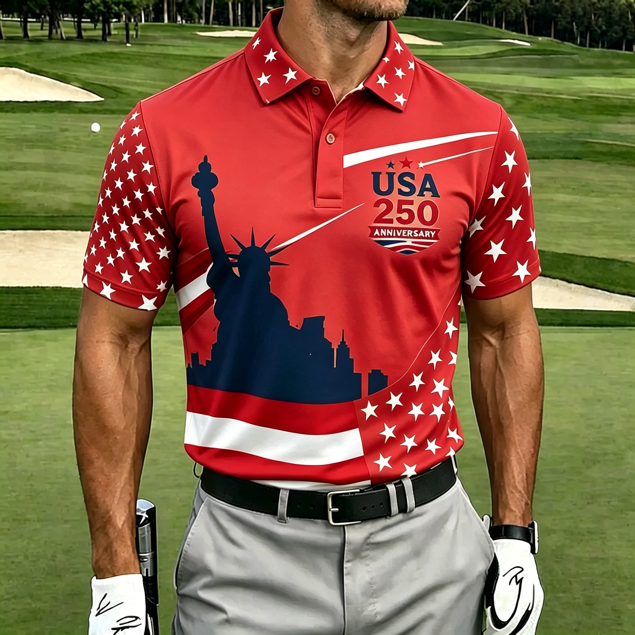 250th Anniversary Liberty Flag Print Men Short Sleeve Golf Polo Shirt