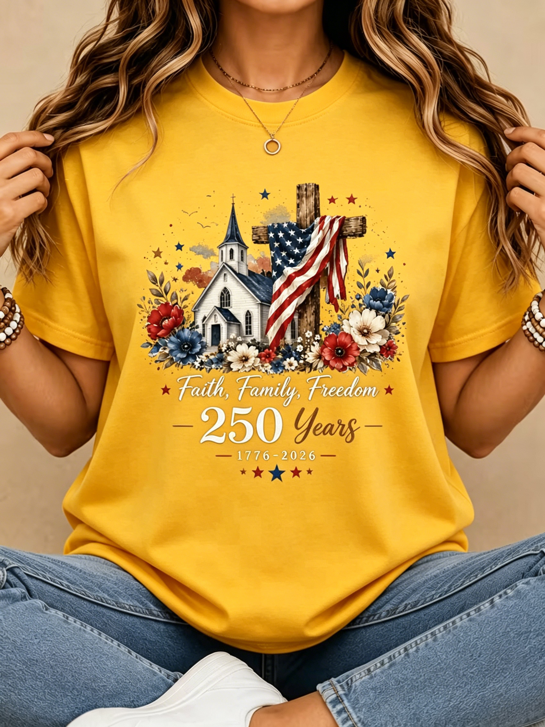 Faith Family Freedom 250 Years Print Women Crew Neck Short Sleeve T-Shirt