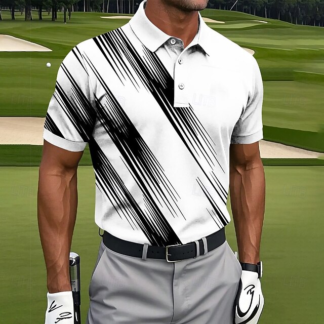 Diagonal Streak Line Print Collar Golf Polo Shirt for Men