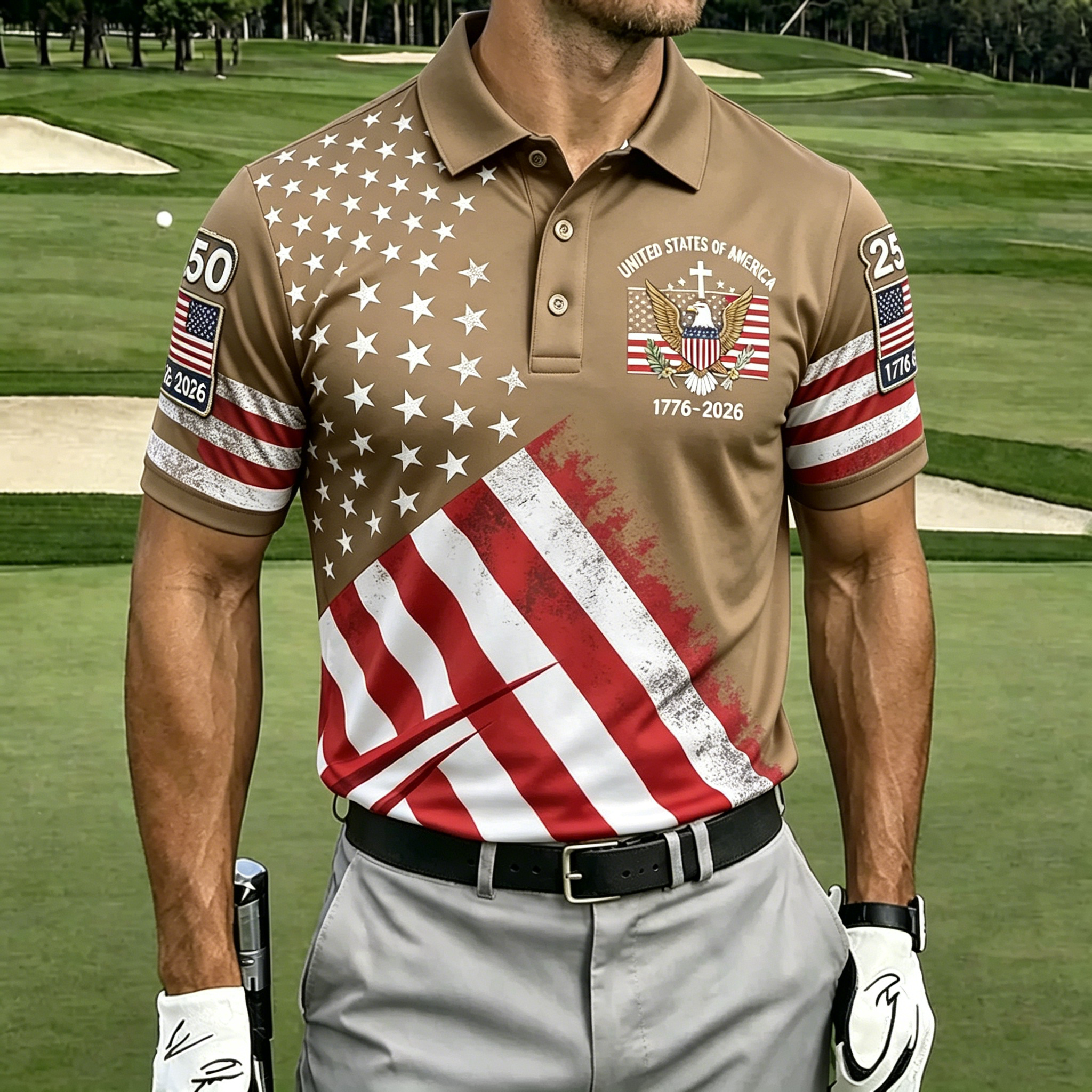 Patriotic Eagle USA Flag Print Collar Golf Polo Shirt for Men