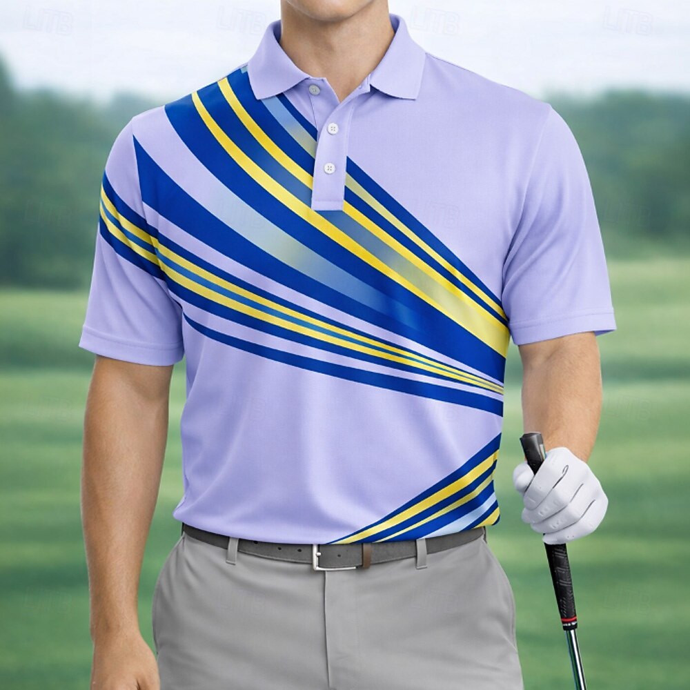 Diagonal Multi Stripe Print Collared Golf Polo Shirt for Men