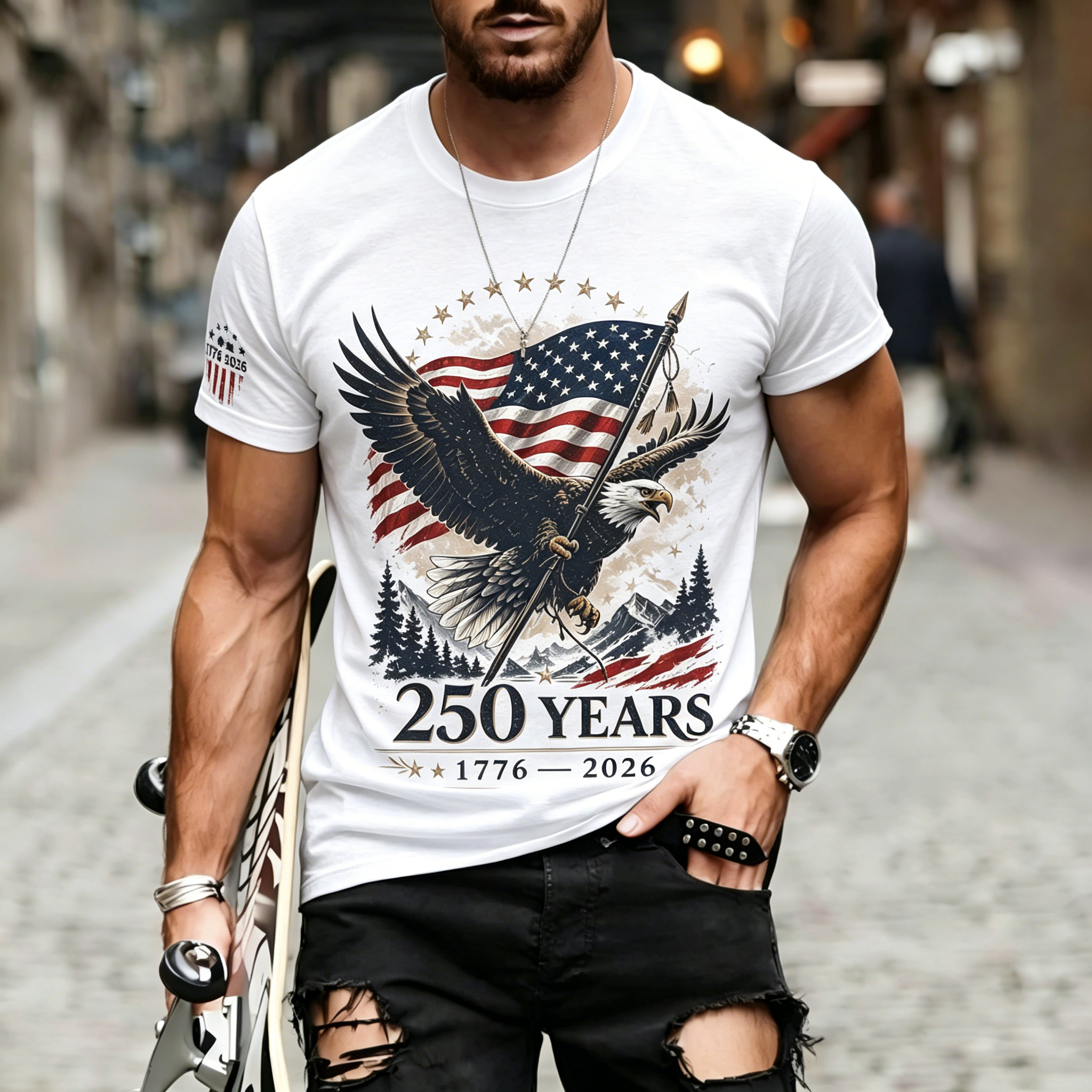 Vintage Eagle Mountain American Flag Sleeve Print Patriotic Crew Neck T-Shirt for Men