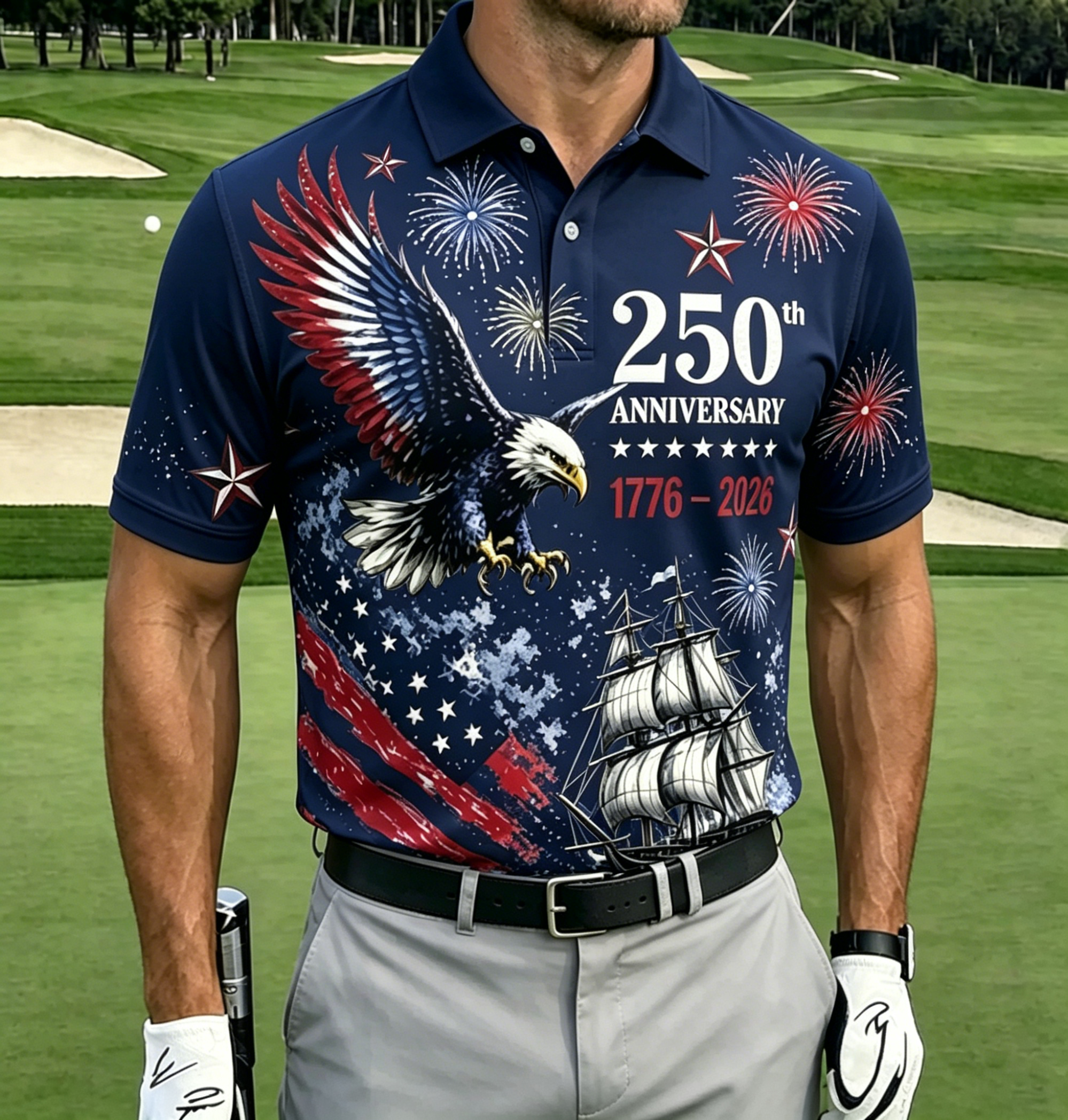 Vintage Eagle Sailing Ship Firework Flag Print Contrast Collar Golf Polo Shirt for Men
