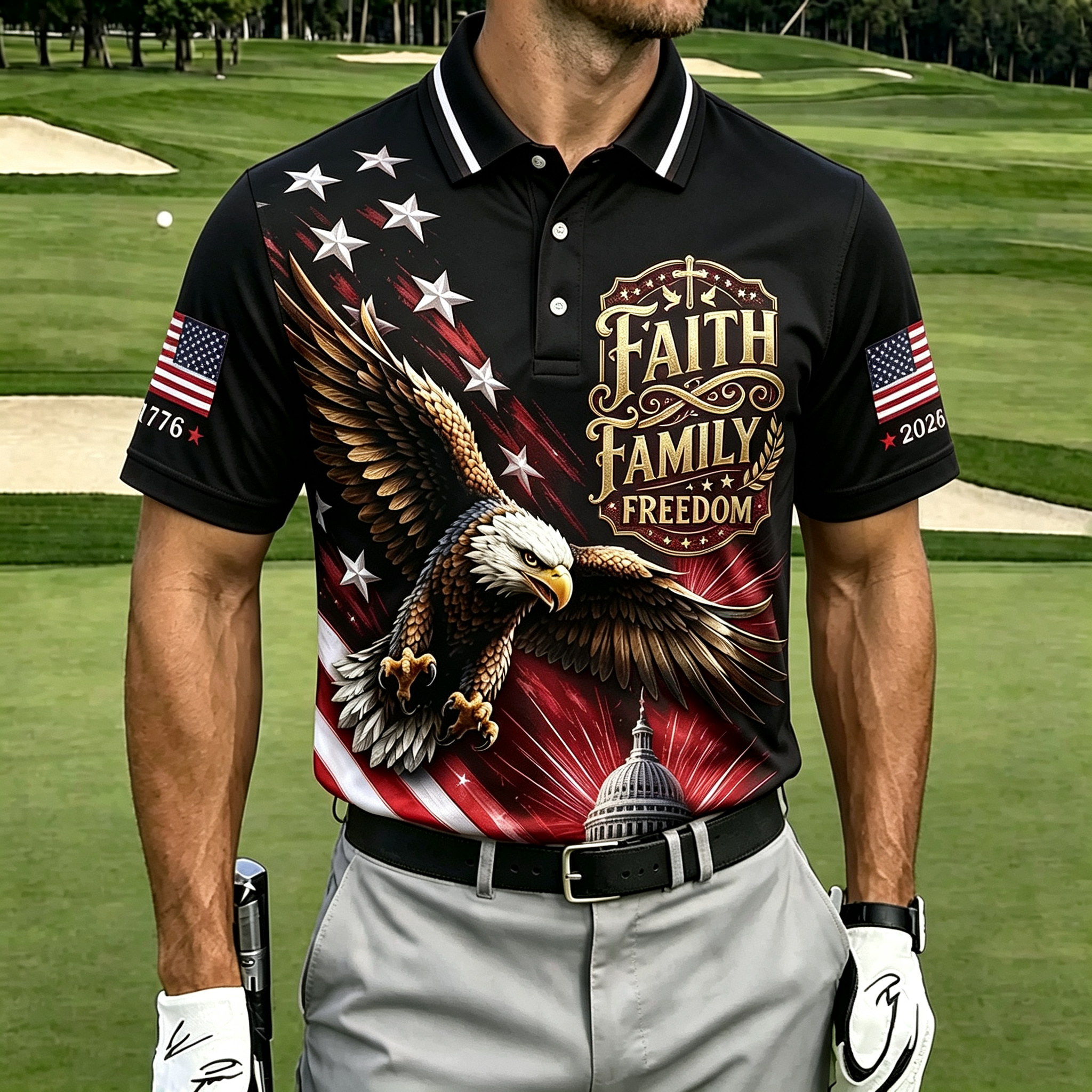 Faith Family Freedom Eagle Capitol Star Flag Men Golf Polo