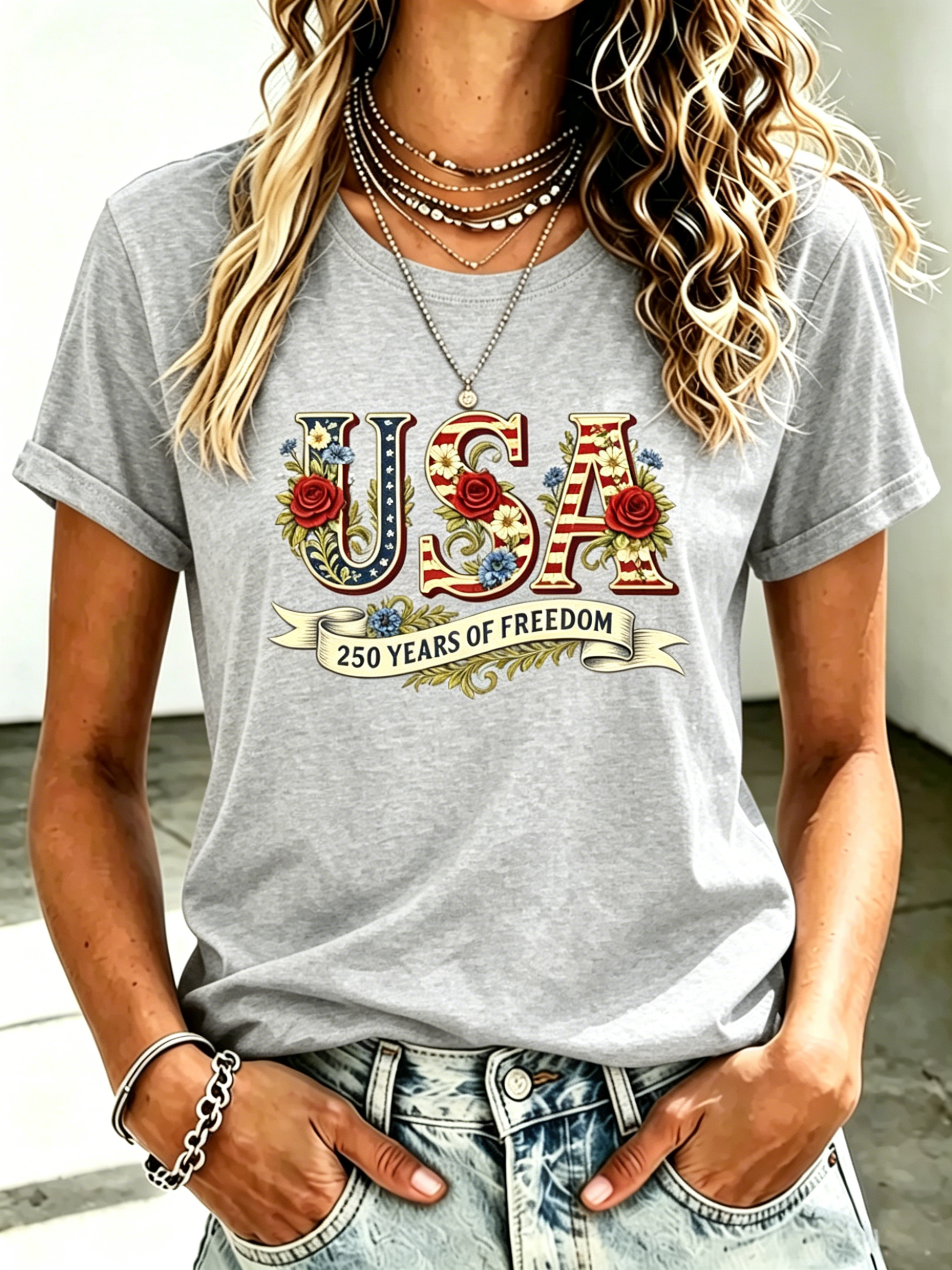 Boho Floral Rose USA 250 Years of Freedom Independence Day Print Crew Neck Loose Fit Women Oversized Casual Tee
