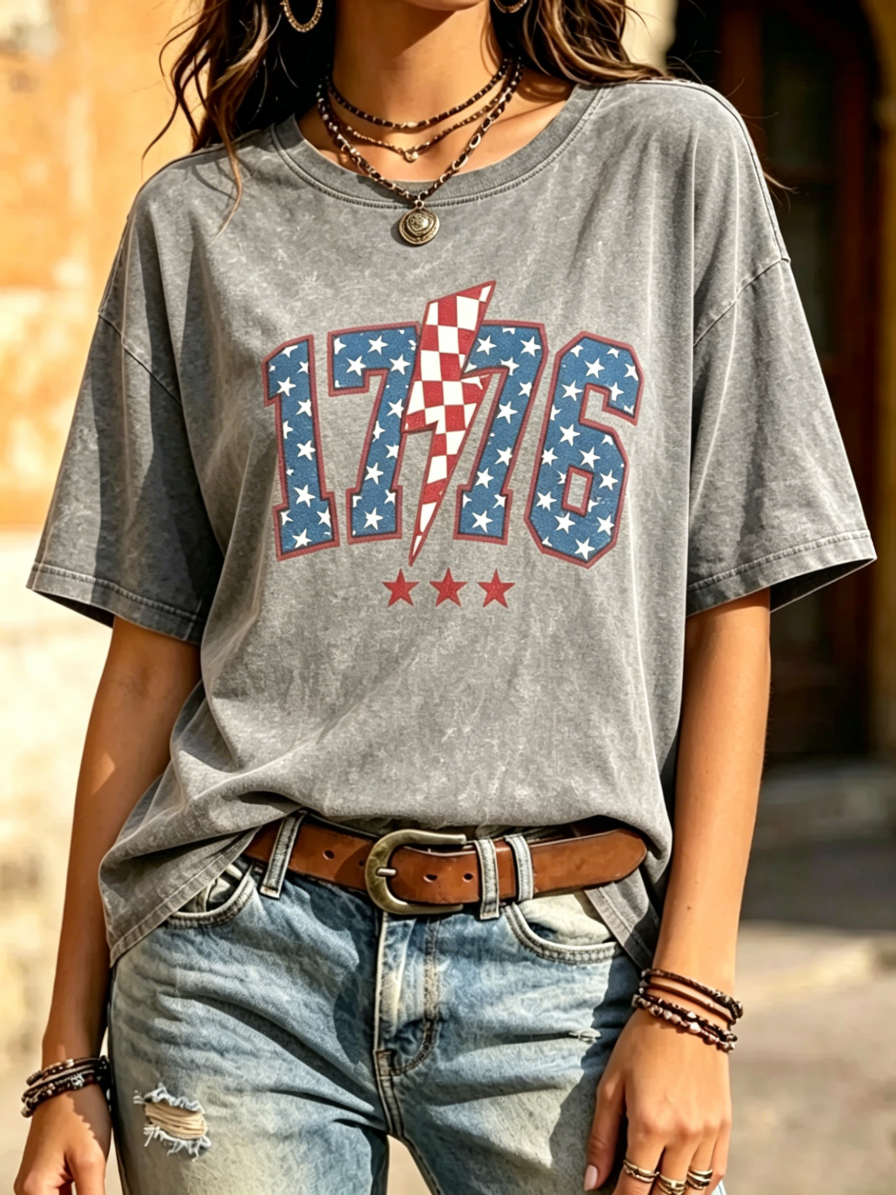 Retro Washed Denim Blue 1776 Star Lightning Bolt Patriotic Print Crew Neck Loose Fit Women Oversized Casual Independence Day Tee