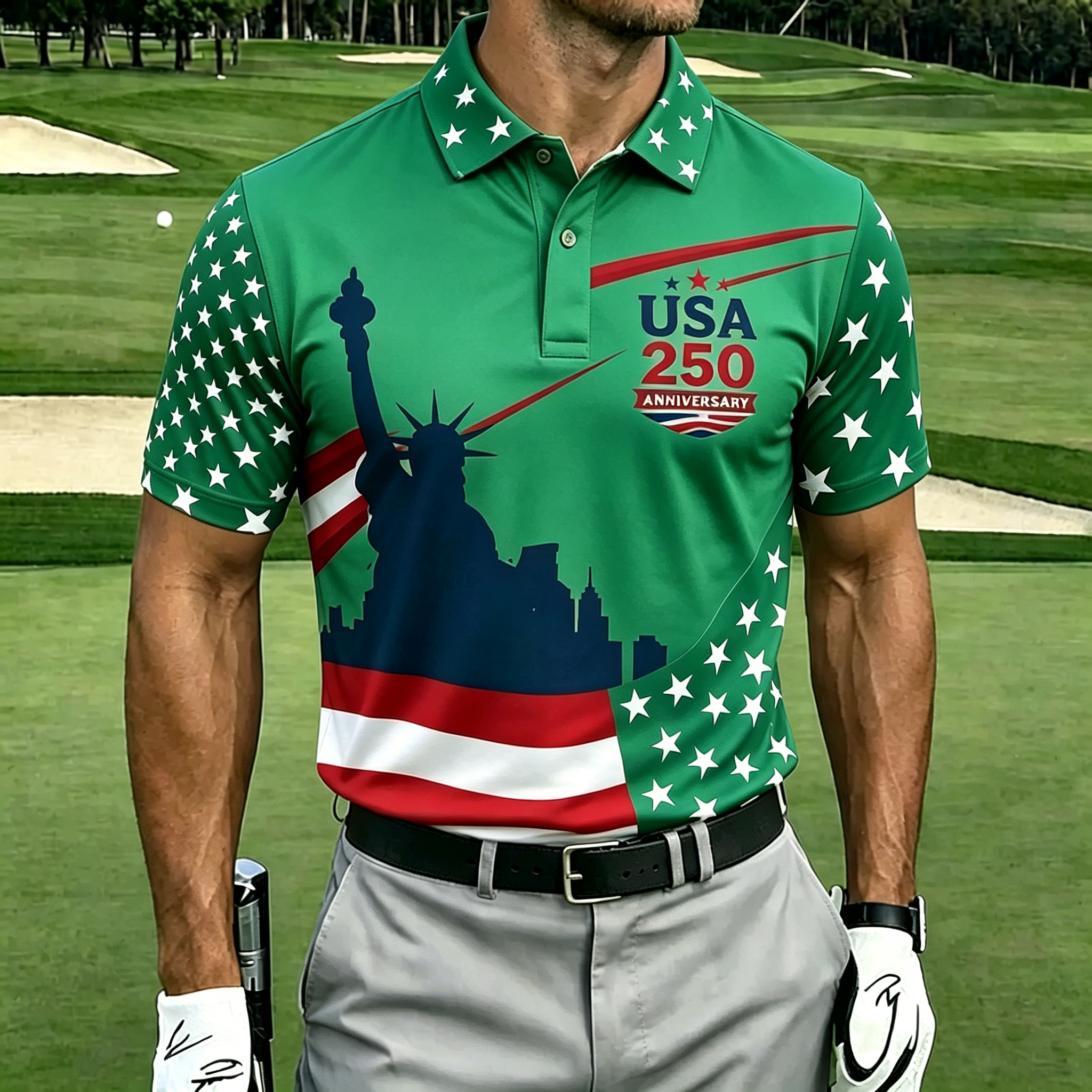 250th Anniversary Liberty Flag Print Men Short Sleeve Golf Polo Shirt