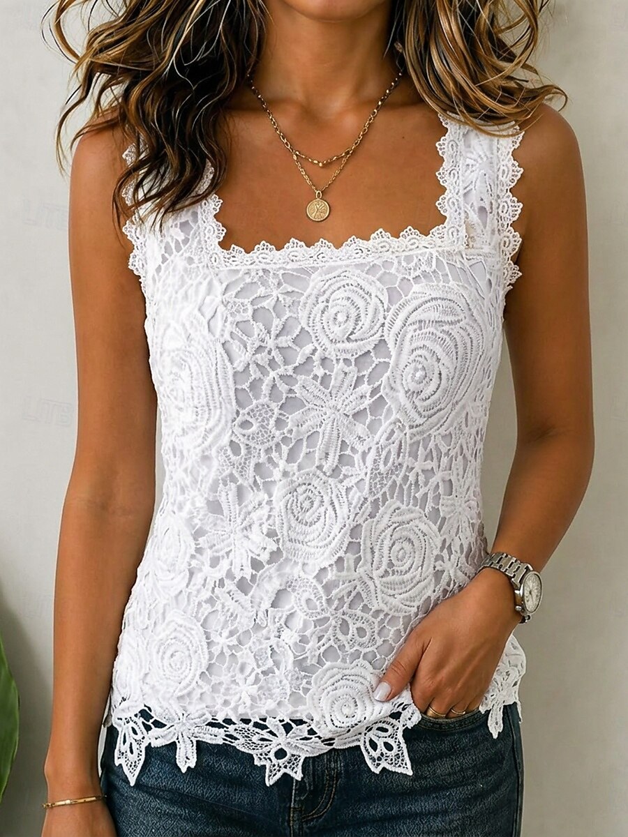 Women’s 3D Floral Rose Lace Scallop Trim Square Neck Sleeveless Casual Cami Tank Top