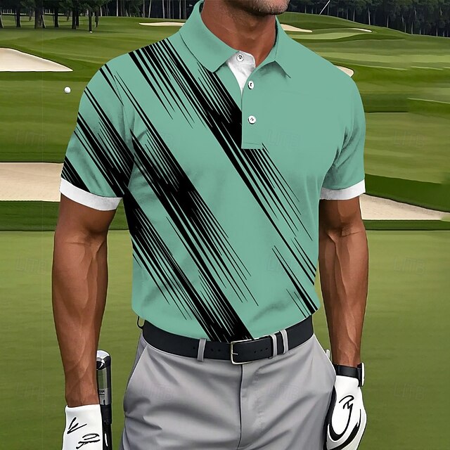 Diagonal Streak Line Print Collar Golf Polo Shirt for Men