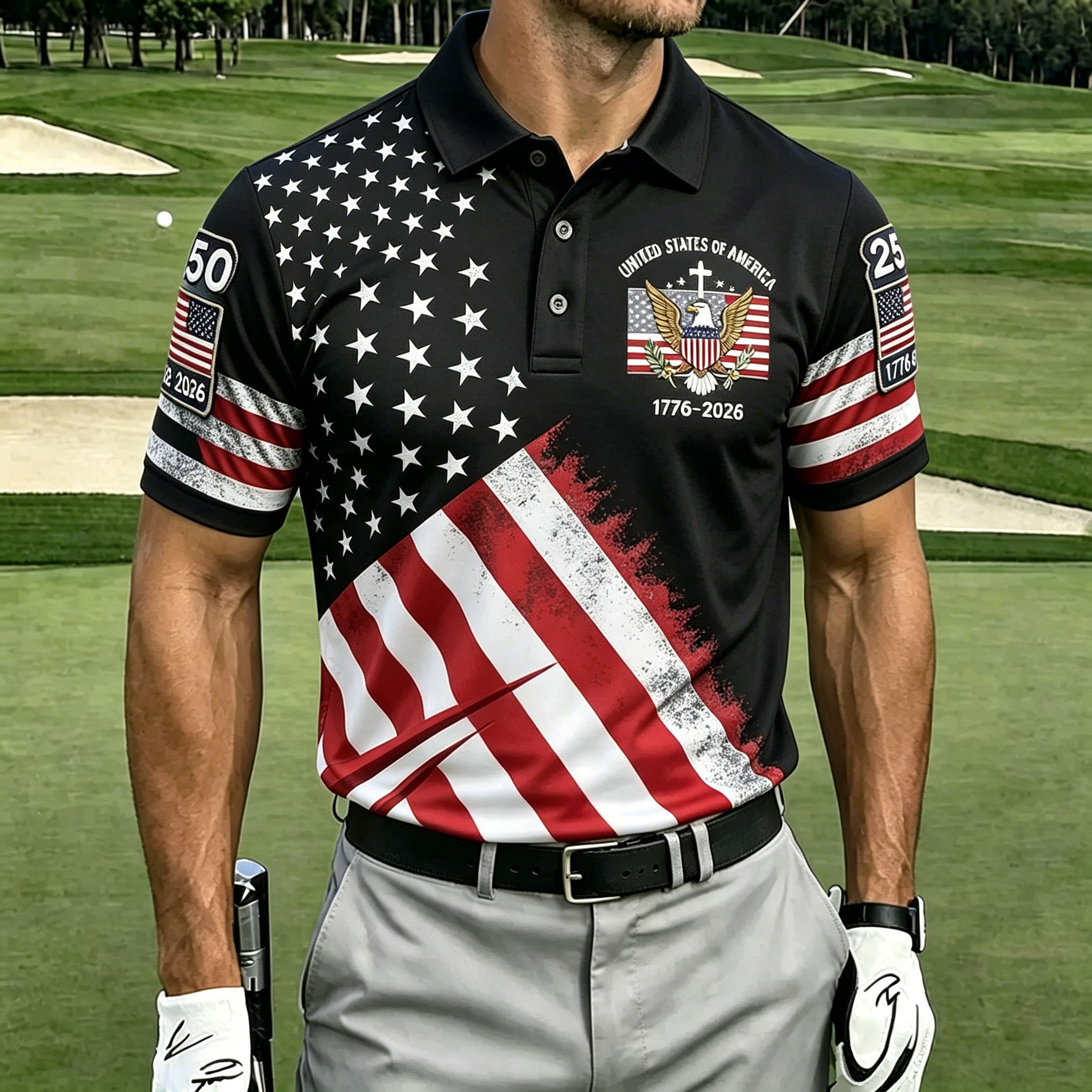 Patriotic Eagle USA Flag Print Collar Golf Polo Shirt for Men
