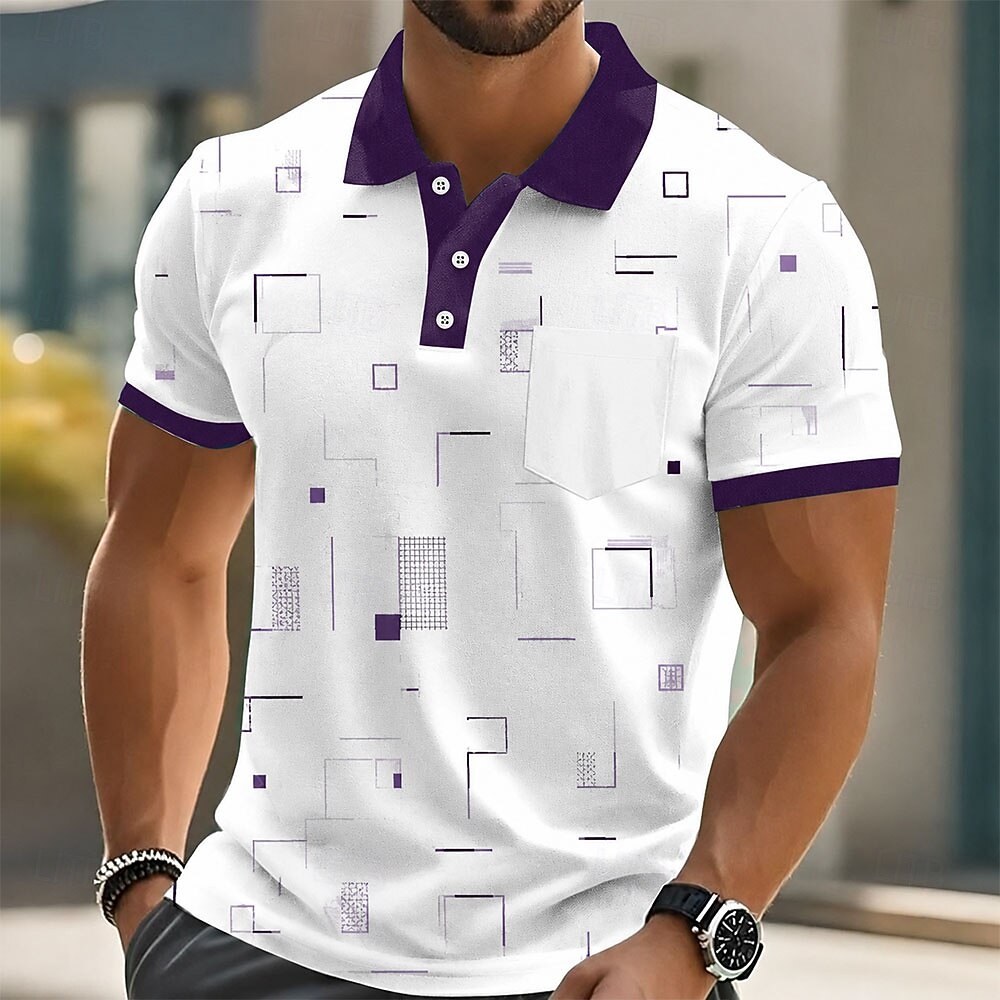 Geometric Square Line Print Contrast Collar Pocket Golf Polo Shirt for Men