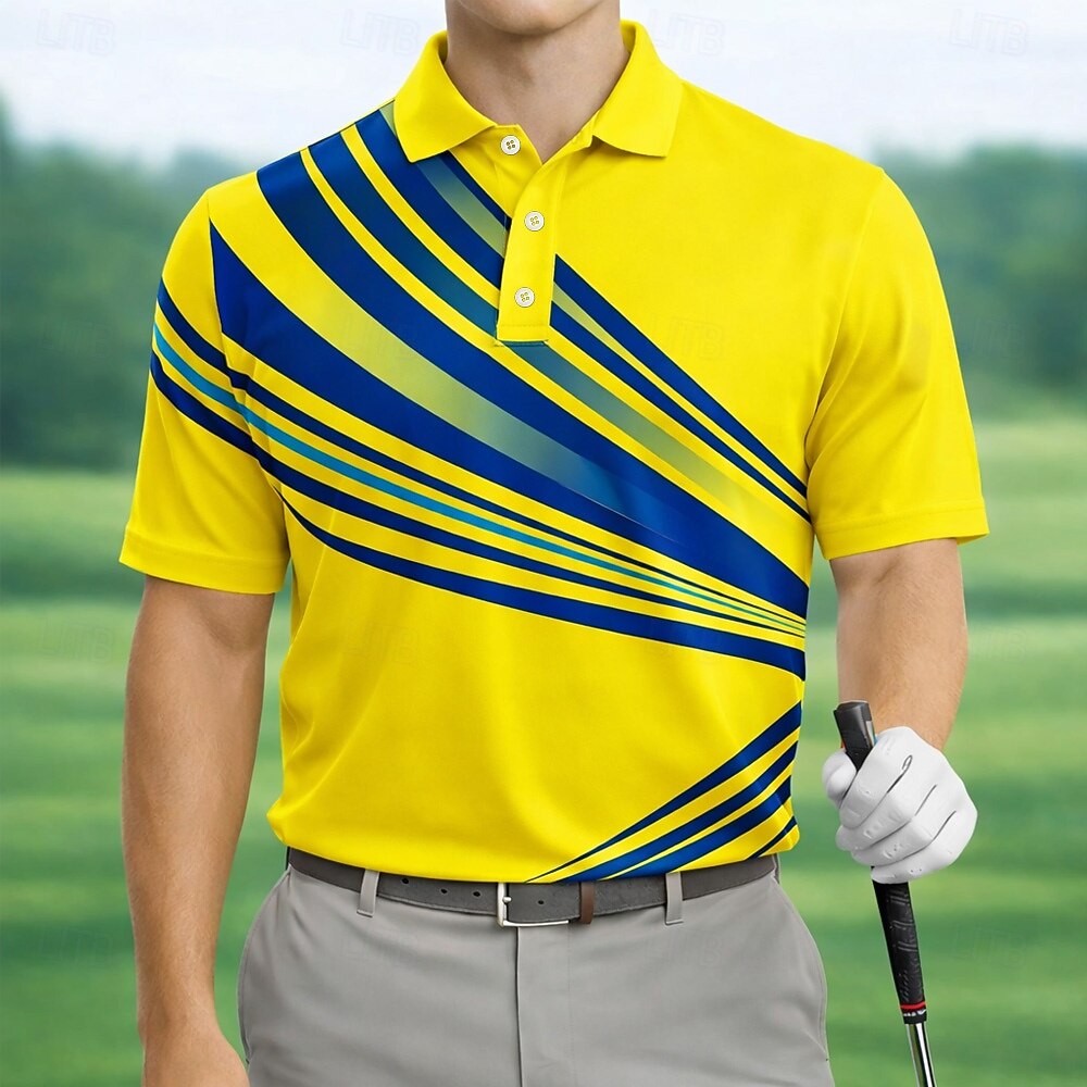 Diagonal Multi Stripe Print Collared Golf Polo Shirt for Men