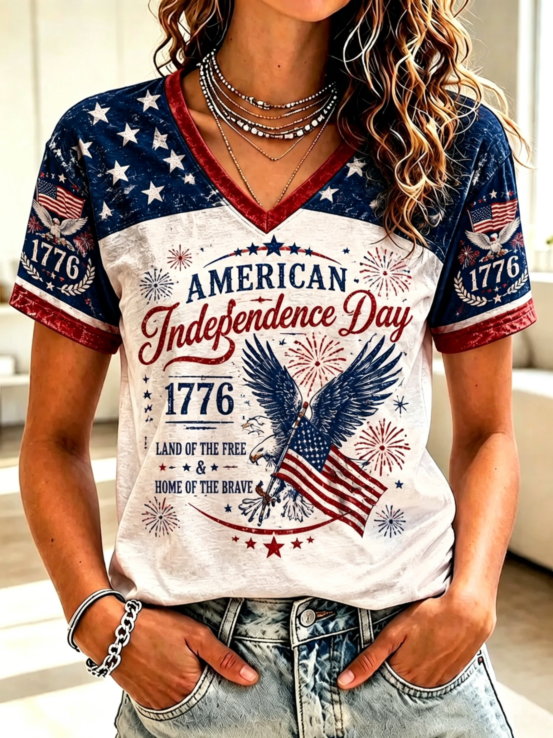 Independence Day Eagle Firework Star Sleeve Raglan V Neck Patriotic T-Shirt for Women