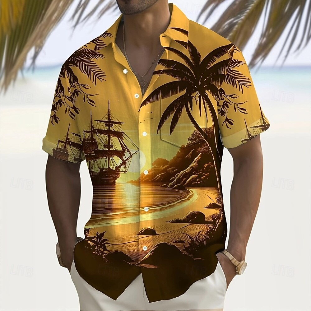 Gradient Palm Tree Print Lapel Pocket Short Sleeve Vacation Shirt for Men
