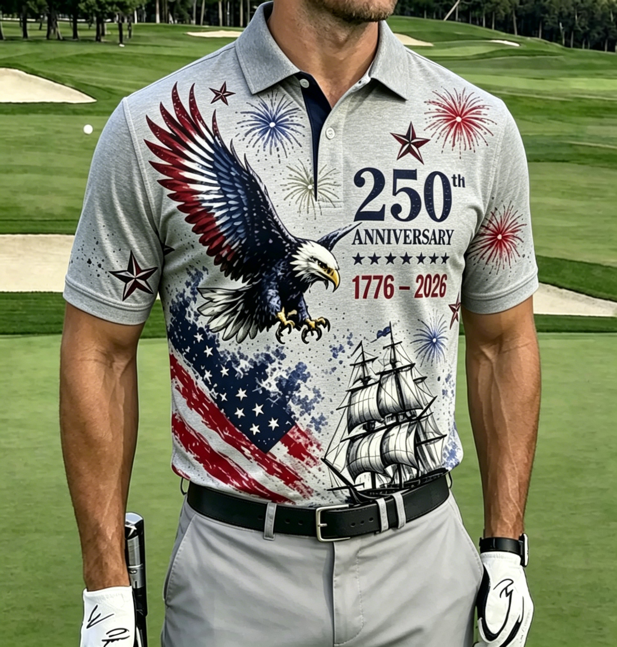 Vintage Eagle Sailing Ship Firework Flag Print Contrast Collar Golf Polo Shirt for Men