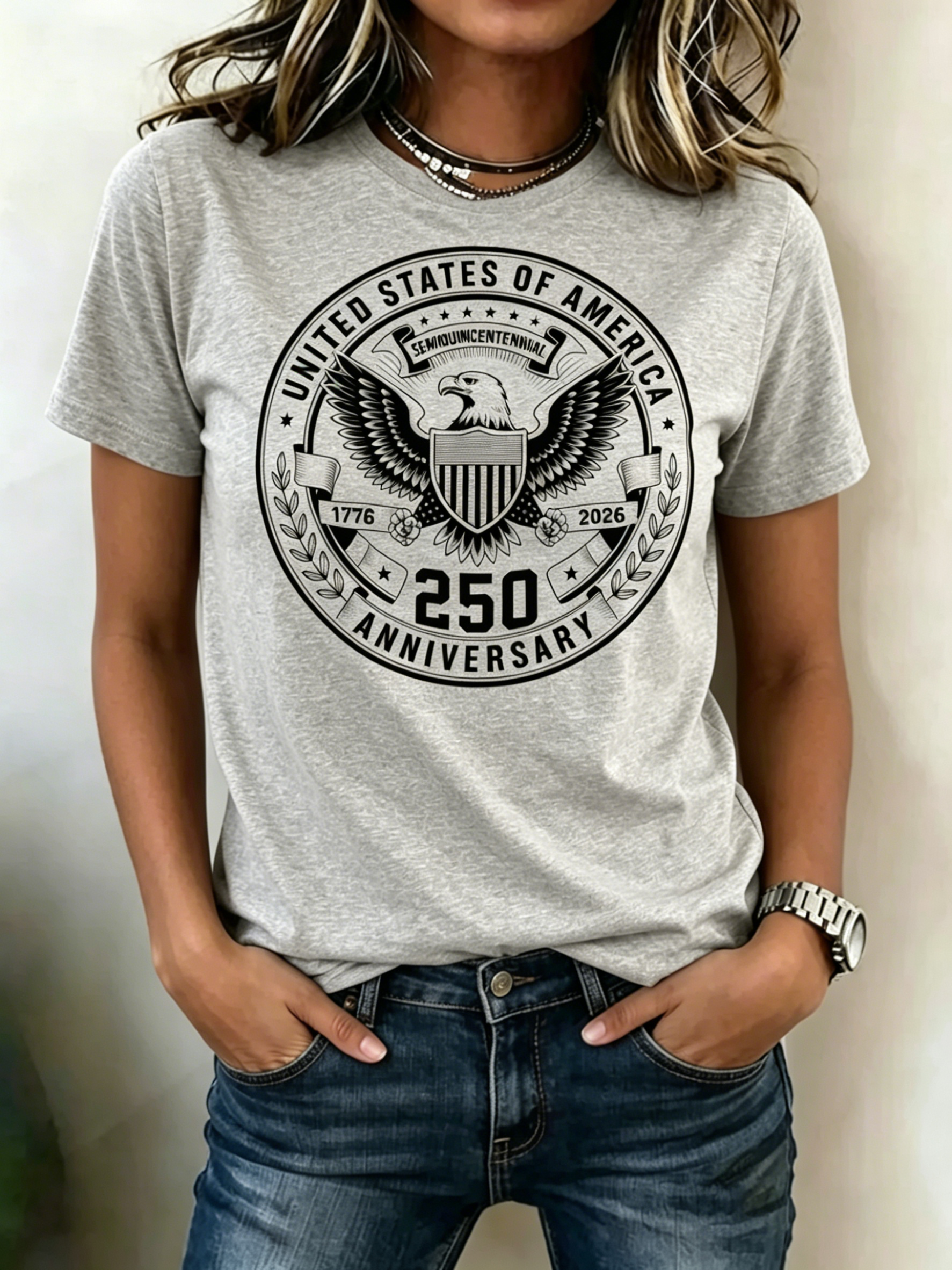 Vintage Black Line Eagle Seal USA 250th Anniversary Print Crew Neck Patriotic Casual Women Short Sleeve T-Shirt