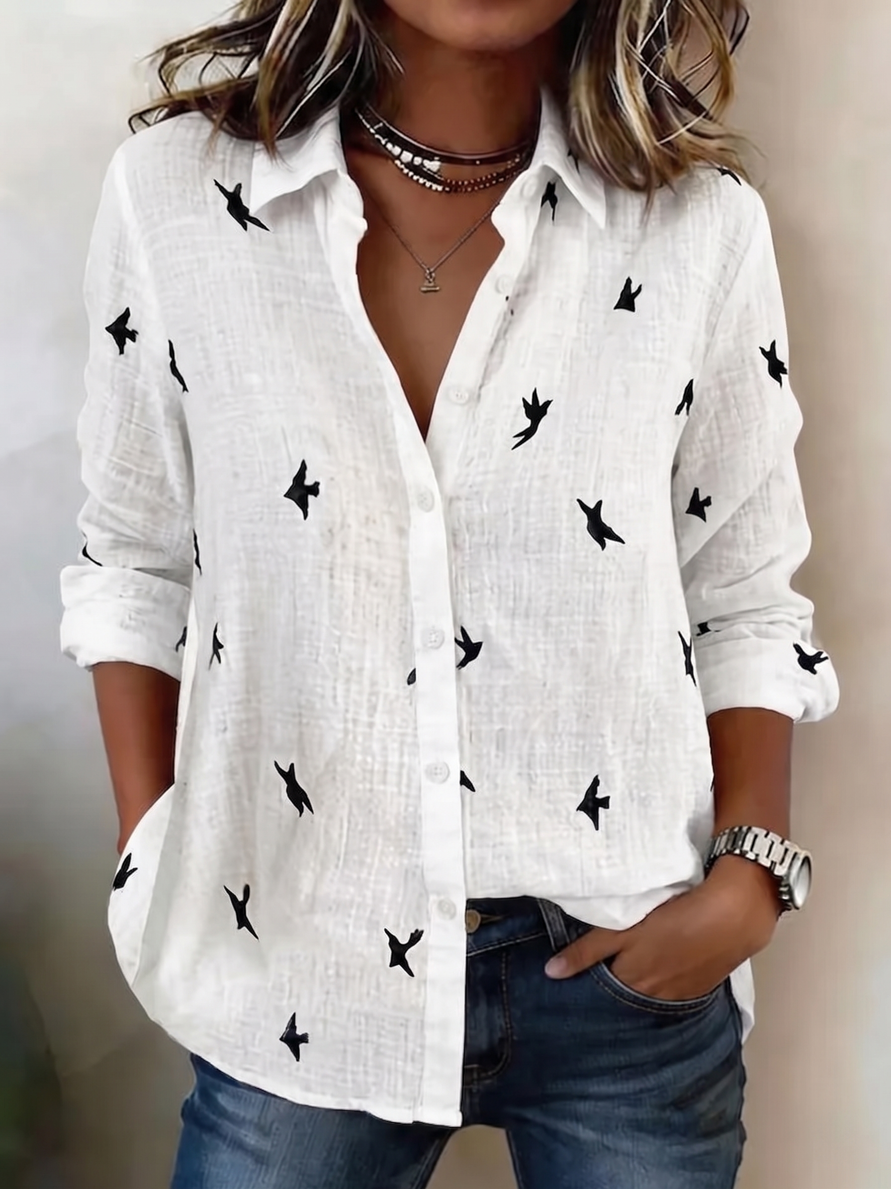 Star Print Collared Long Sleeve Button Front Textured Linen Shirt for Women