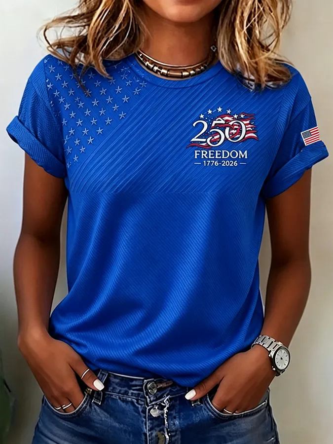 USA 250 Freedom 1776 Star Patch Print Crew Neck Casual Mesh T-Shirt
