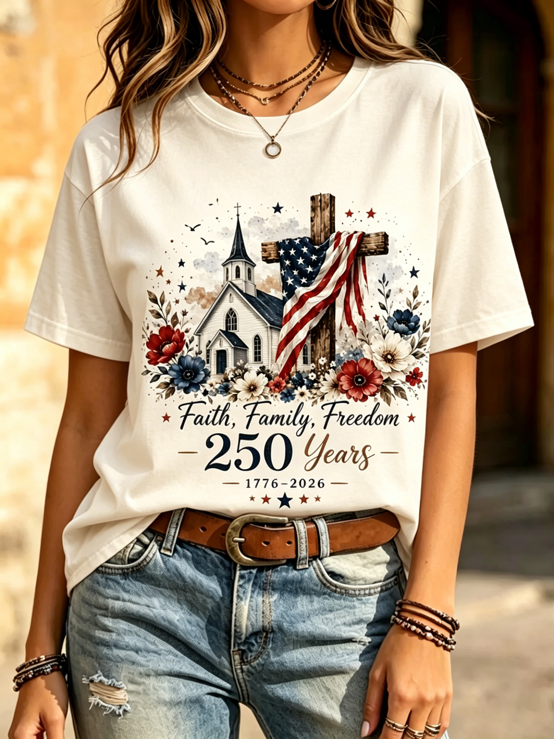Vintage Faith Family Freedom 250th Anniversary Print Crew Neck T-Shirt for Women