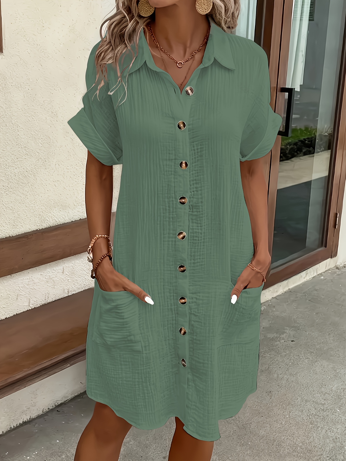 Vacation Vertical Wrinkle Textured Collared Roll Short Sleeve Pocket Button Front Women Shirt Dress