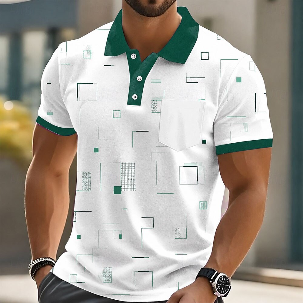 Geometric Square Line Print Contrast Collar Pocket Golf Polo Shirt for Men