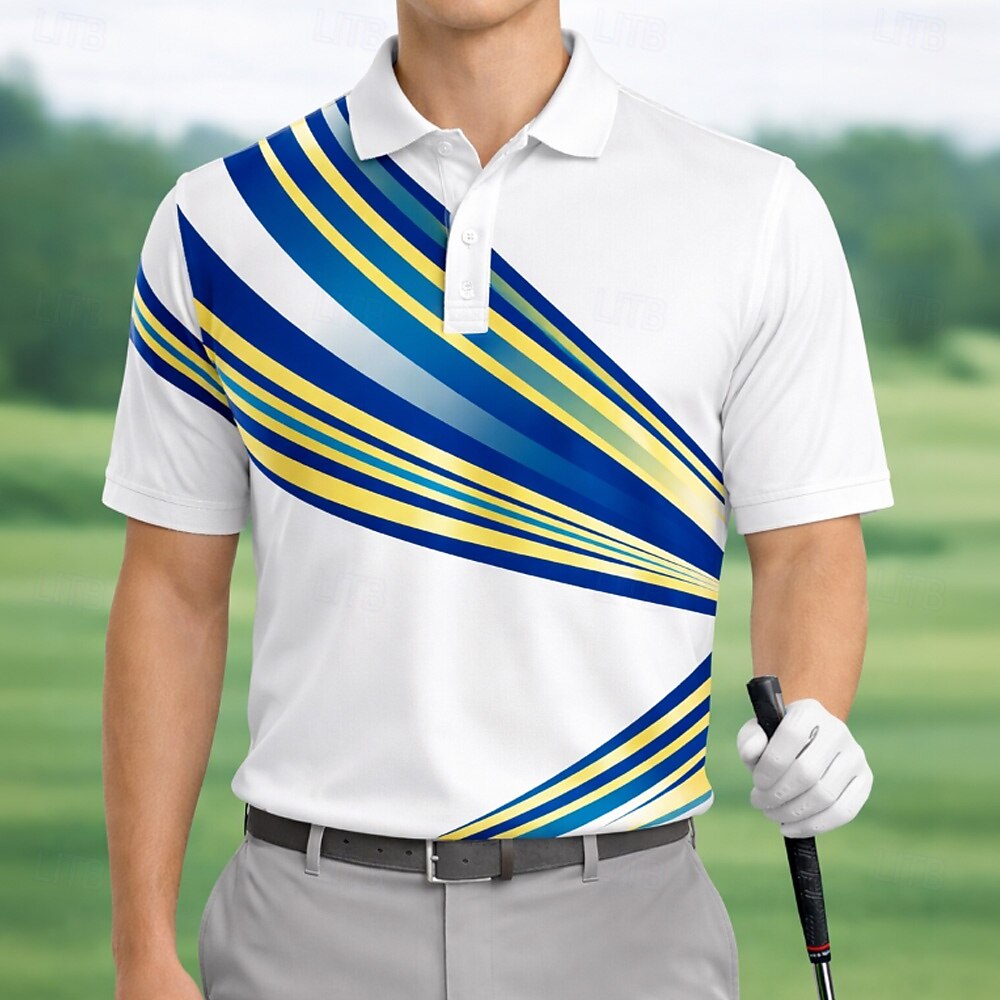 Diagonal Multi Stripe Print Collared Golf Polo Shirt for Men