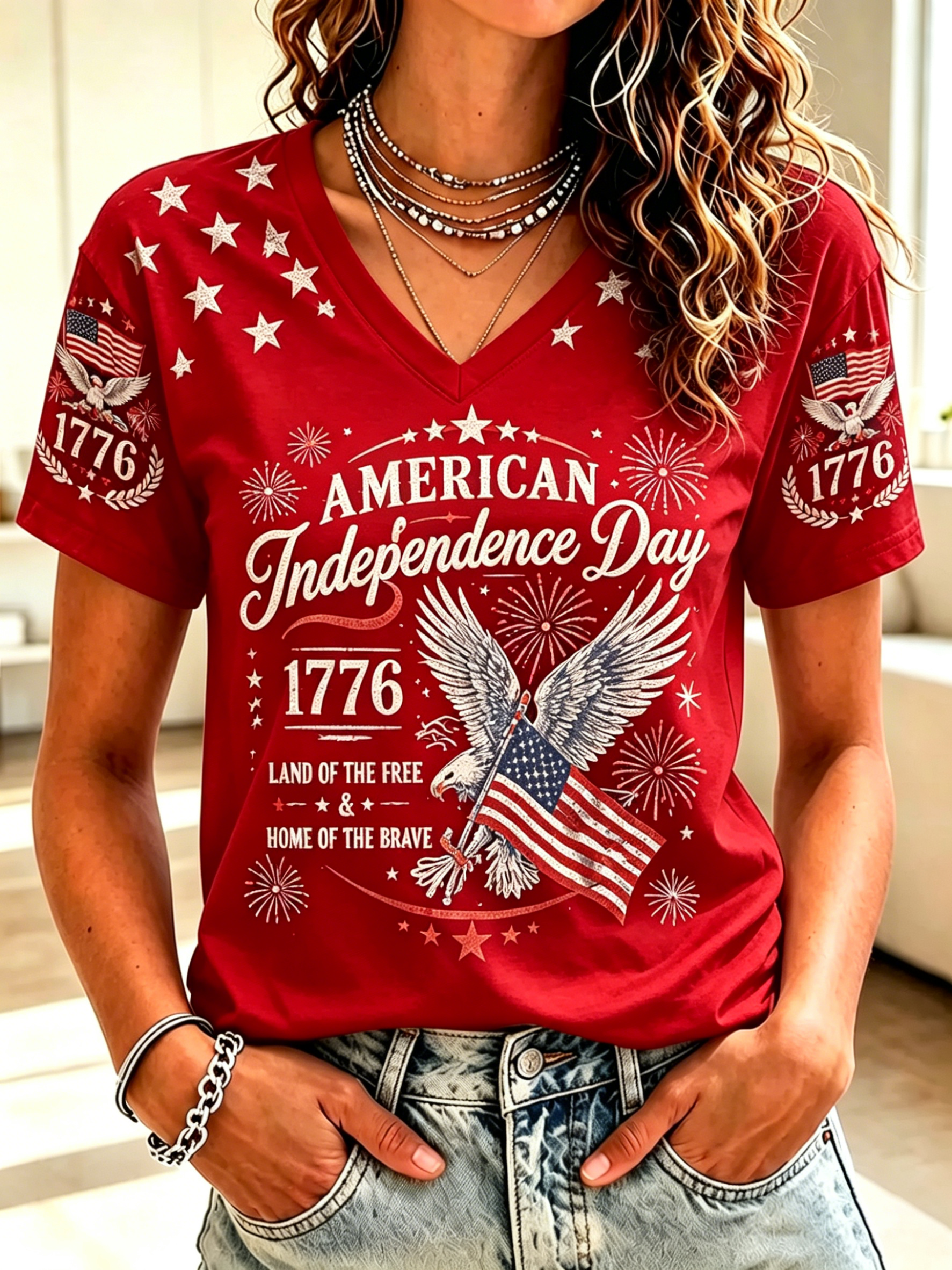 Independence Day Eagle Firework Star Sleeve Raglan V Neck Patriotic T-Shirt for Women