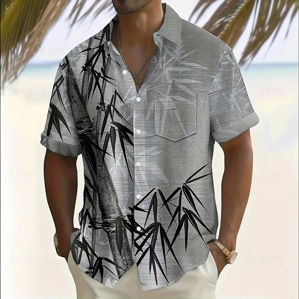 Gradient Palm Tree Print Lapel Pocket Short Sleeve Vacation Shirt for Men