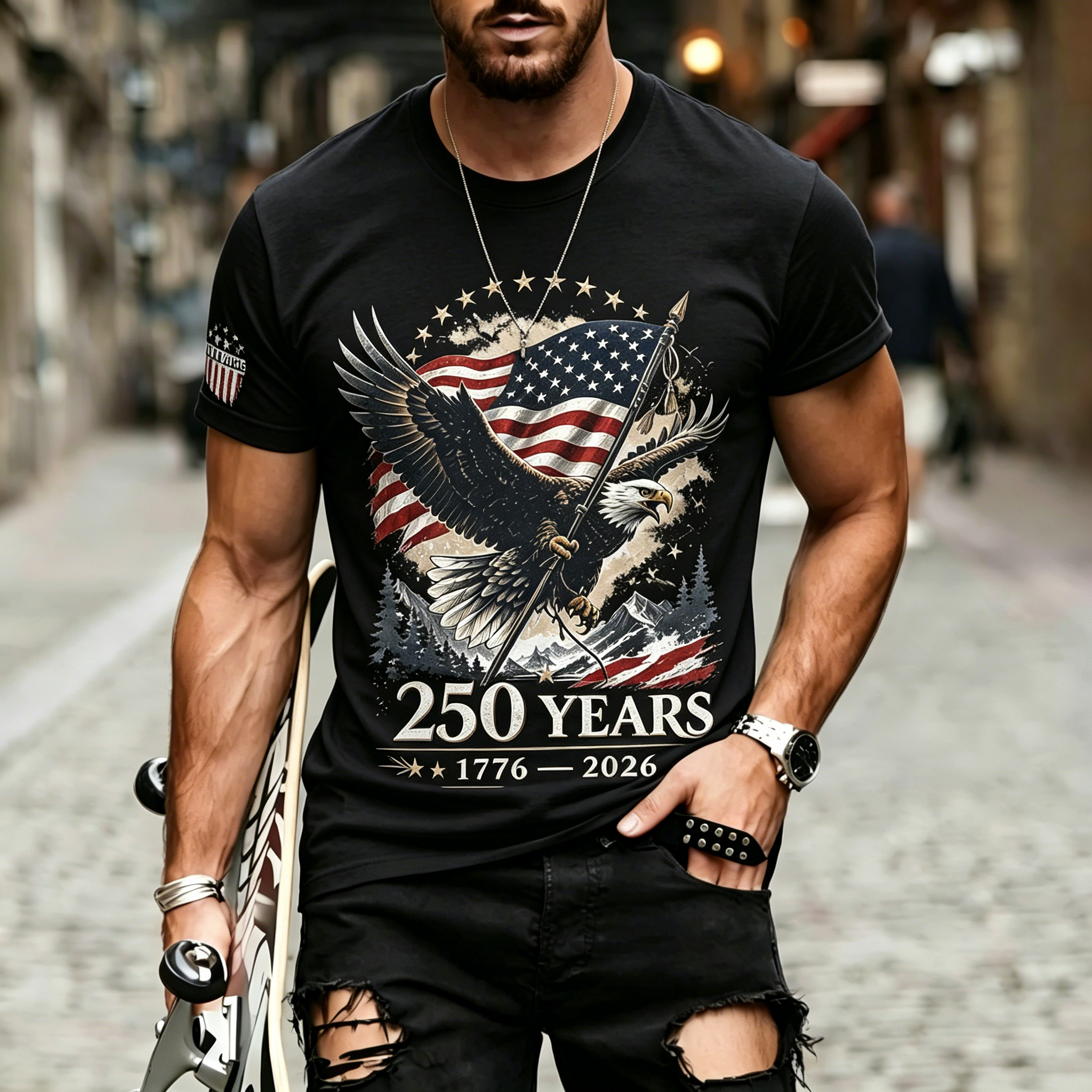 Vintage Eagle Mountain American Flag Sleeve Print Patriotic Crew Neck T-Shirt for Men
