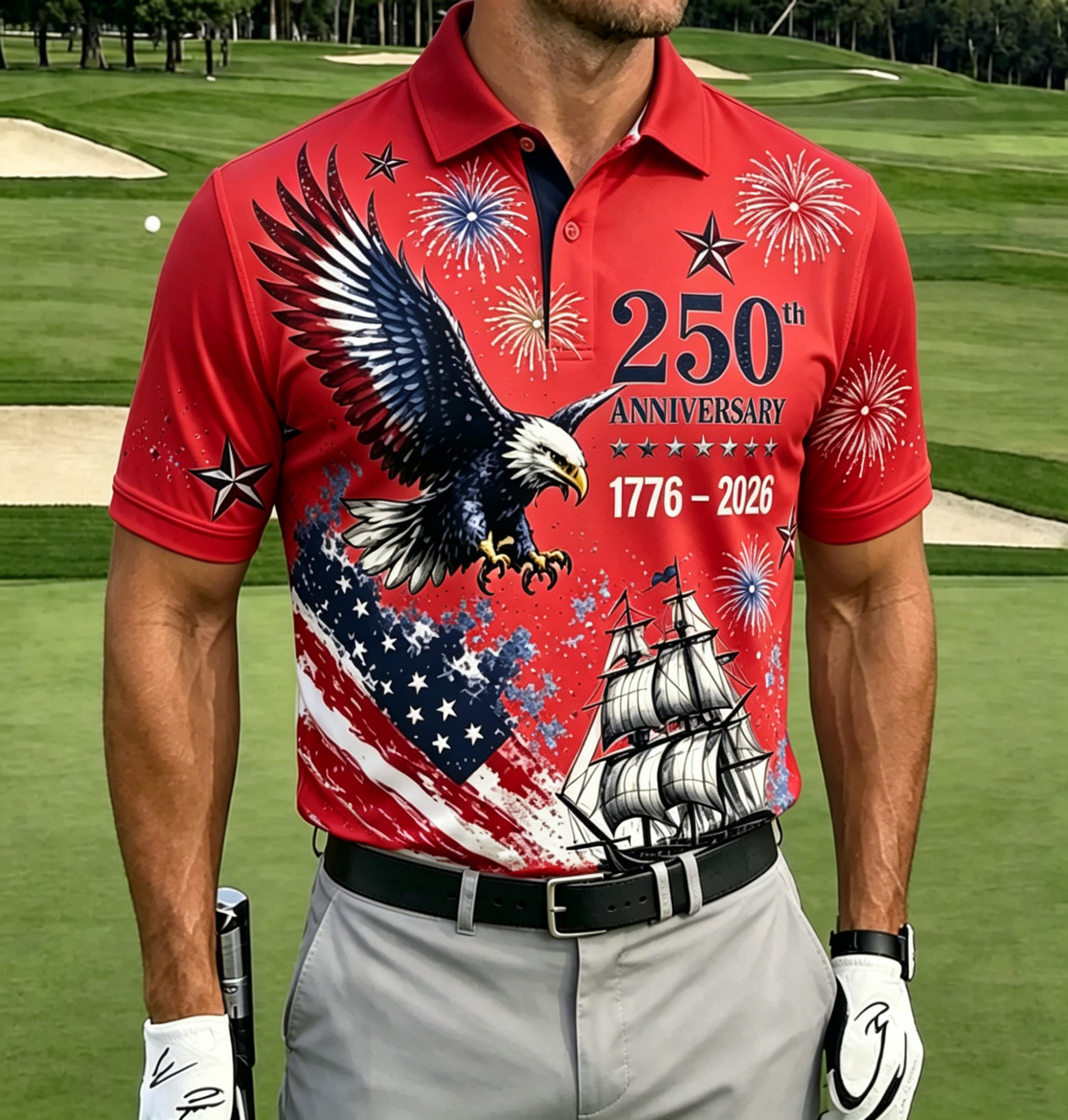 Vintage Eagle Sailing Ship Firework Flag Print Contrast Collar Golf Polo Shirt for Men