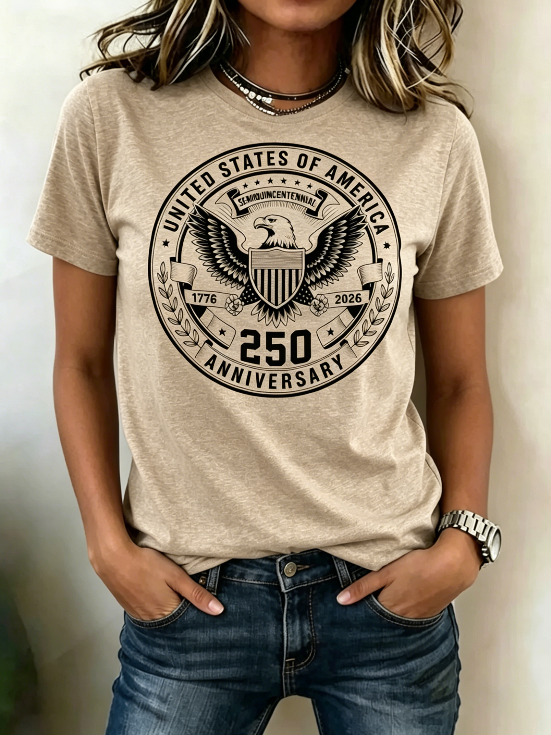Vintage Black Line Eagle Seal USA 250th Anniversary Print Crew Neck Patriotic Casual Women Short Sleeve T-Shirt