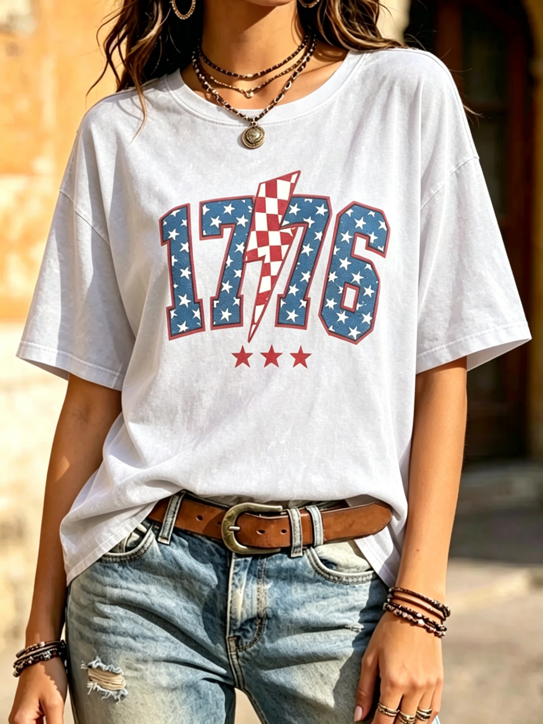 Retro Washed Denim Blue 1776 Star Lightning Bolt Patriotic Print Crew Neck Loose Fit Women Oversized Casual Independence Day Tee