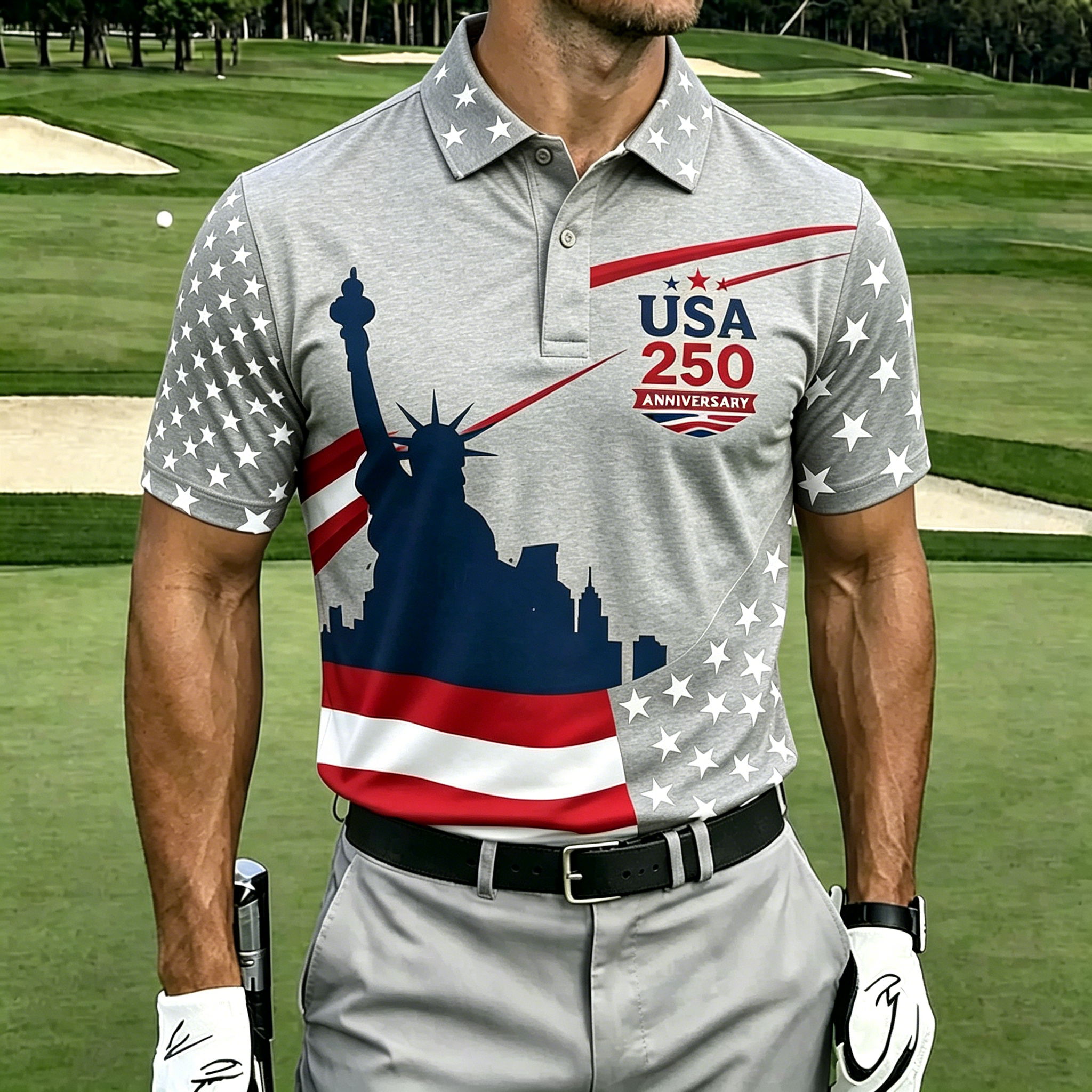 250th Anniversary Liberty Flag Print Men Short Sleeve Golf Polo Shirt