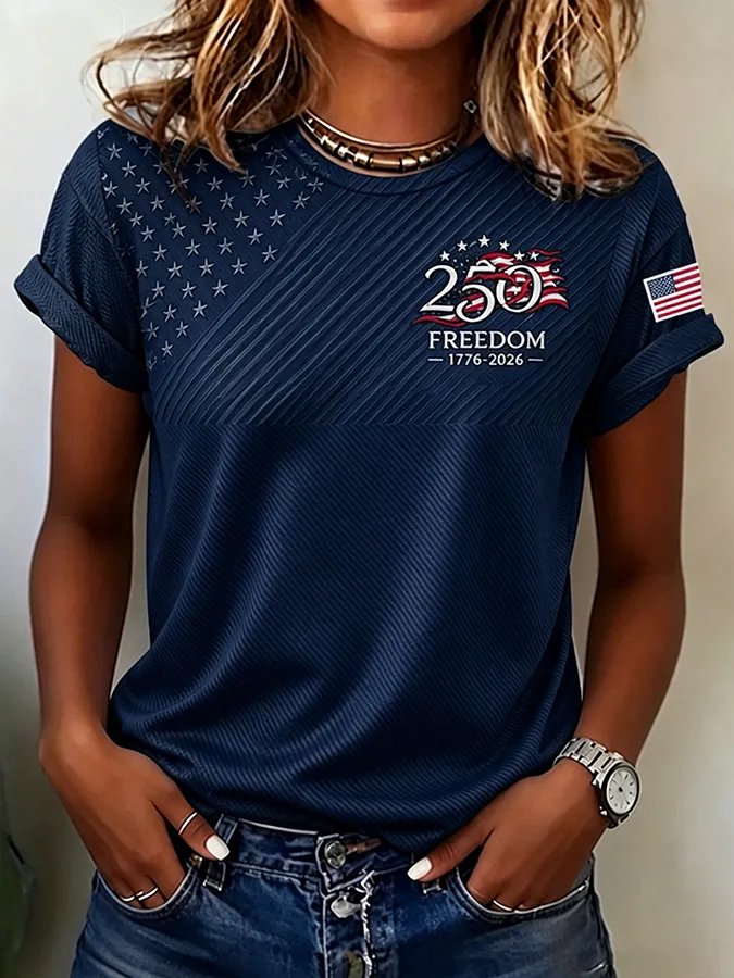 USA 250 Freedom 1776 Star Patch Print Crew Neck Casual Mesh T-Shirt
