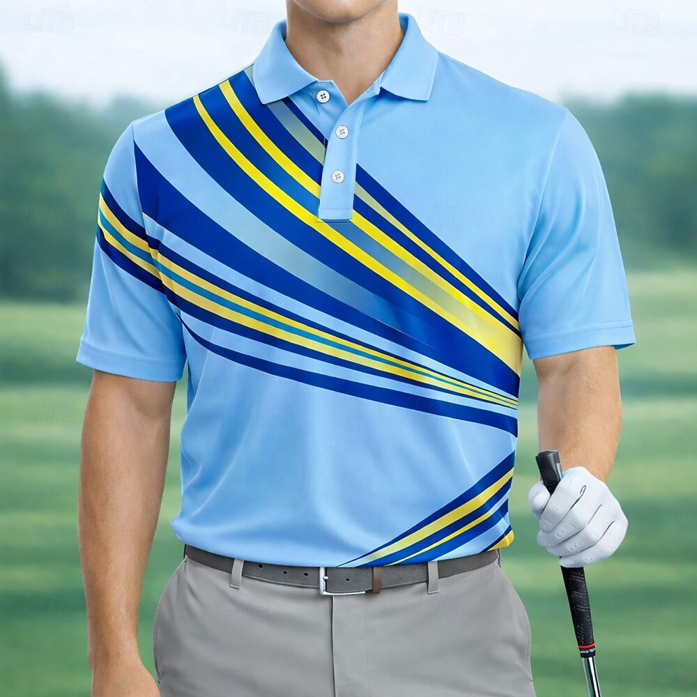 Diagonal Multi Stripe Print Collared Golf Polo Shirt for Men